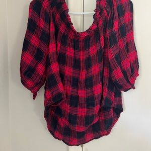 Plaid off the shoulder top.